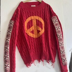 POL CABLE KNIT SWEATER WITH PIECE SIGN 
DARK REDDISH/PINK DISTRESSED CUFFS/HEM